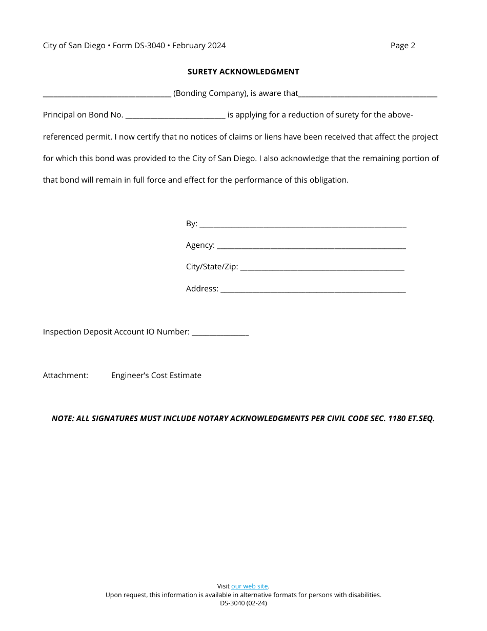 Form DS-3040 Application for Partial Release of Surety of Grading and / or Right-Of-Way Permit - City of San Diego, California, Page 2