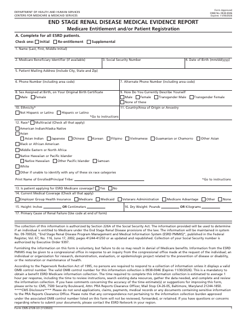 Form CMS-2728-U3 End Stage Renal Disease Medical Evidence Report - Medicare Entitlement and/or Patient Registration
