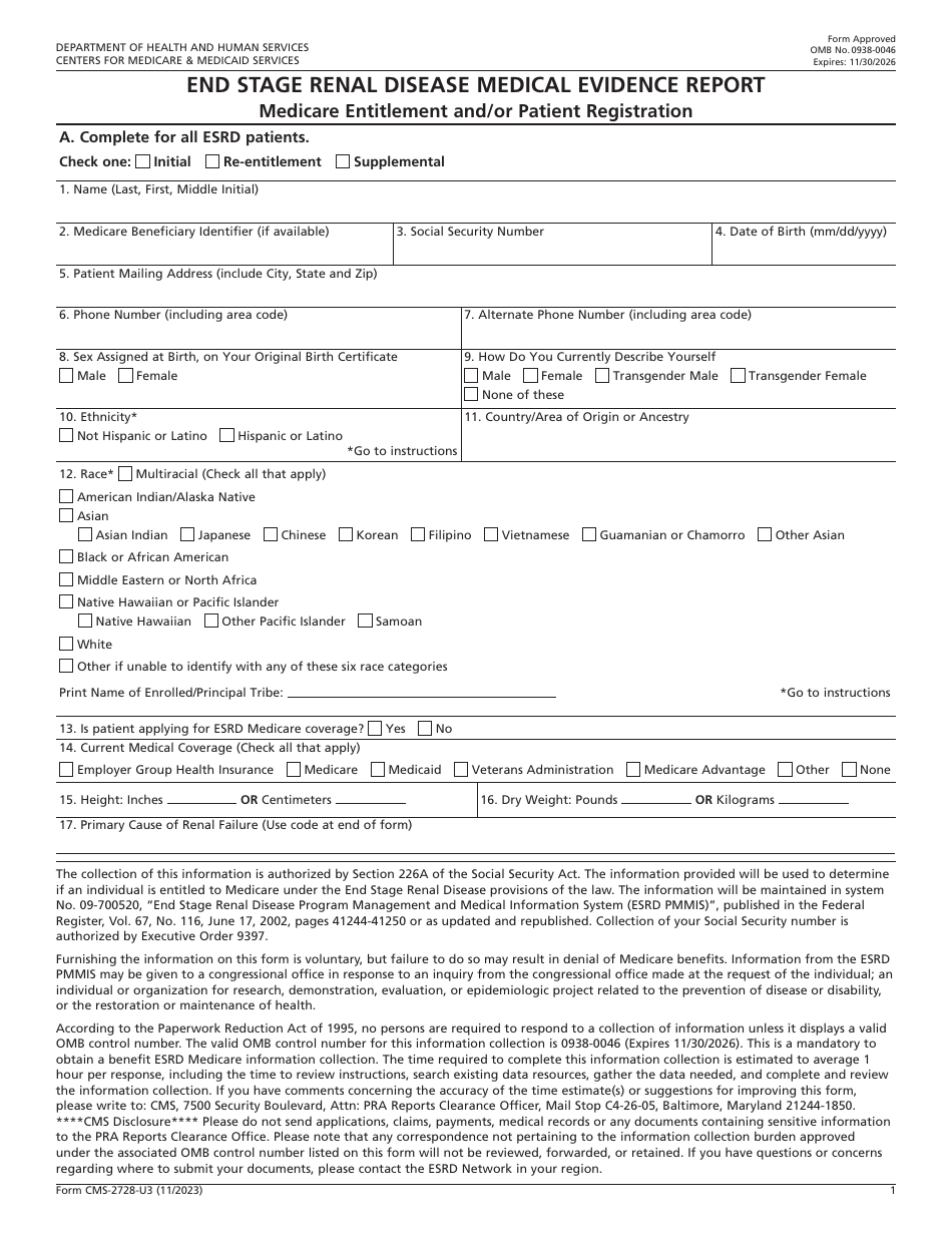 Form CMS-2728-U3 End Stage Renal Disease Medical Evidence Report - Medicare Entitlement and / or Patient Registration, Page 1