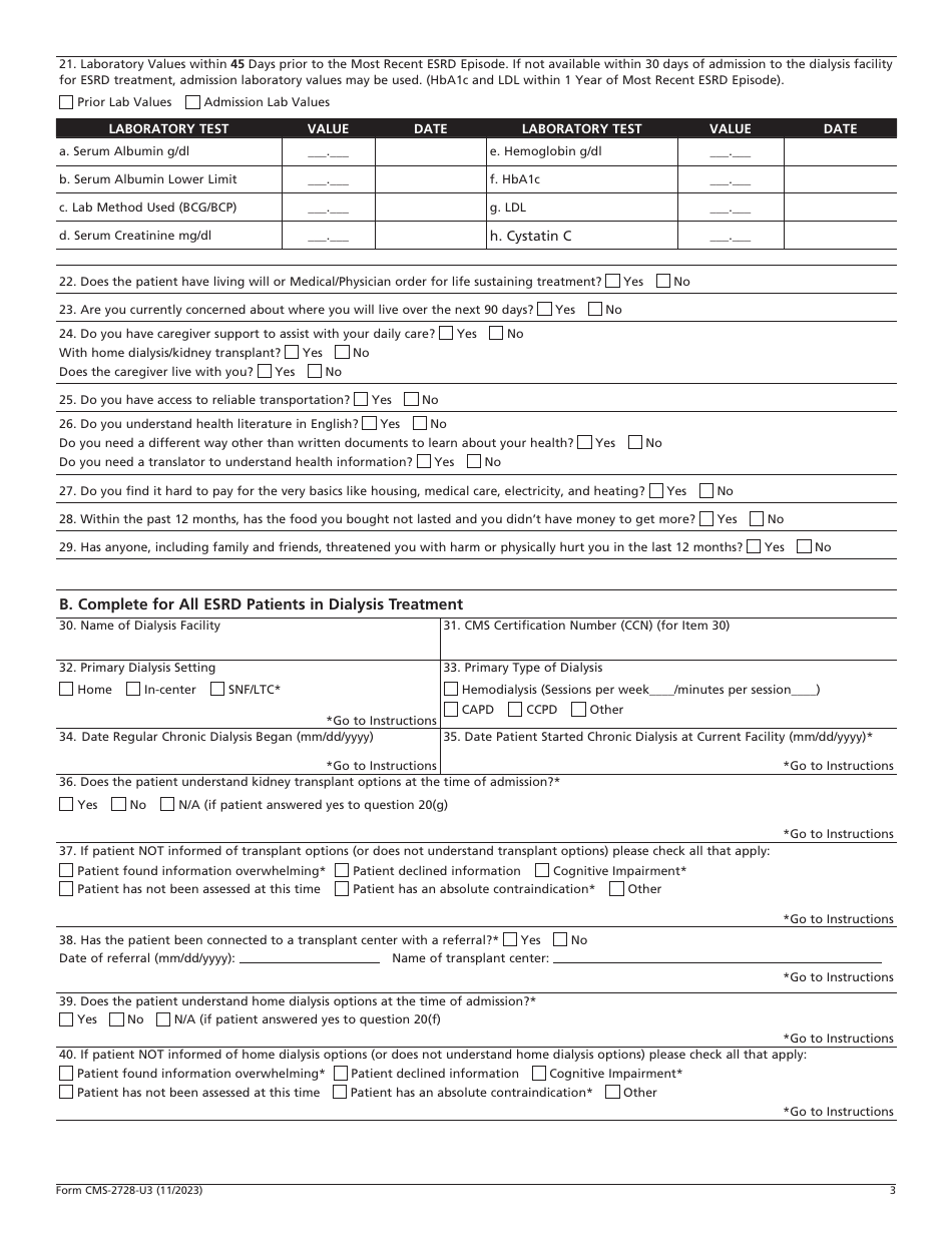 Form Cms-2728-u3 Download Printable Pdf Or Fill Online End Stage Renal 