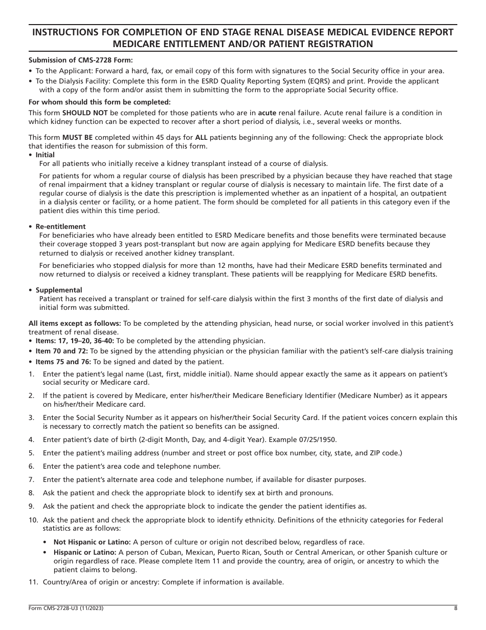 Form CMS-2728-U3 End Stage Renal Disease Medical Evidence Report - Medicare Entitlement and / or Patient Registration, Page 8