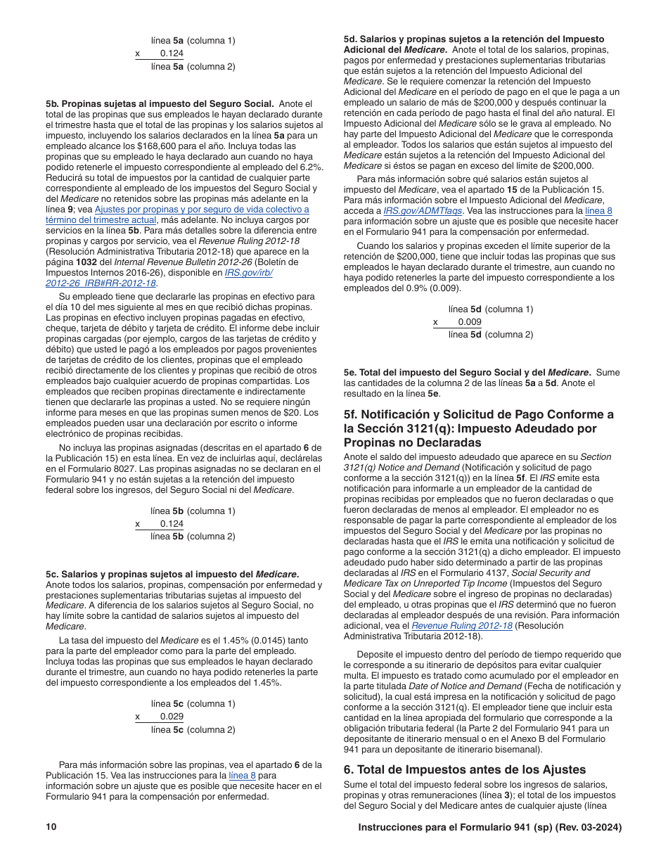 Instrucciones para IRS Formulario 941 (SP) Declaracion Del Impuesto Federal Trimestral Del Empleador (Spanish), Page 10