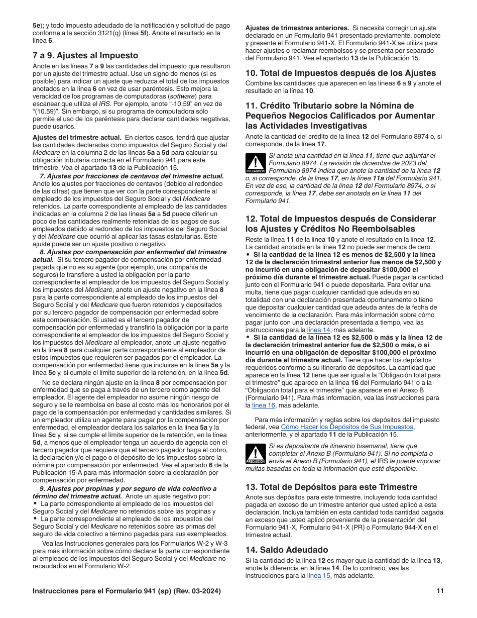 Instrucciones para IRS Formulario 941 (SP) Declaracion Del Impuesto Federal Trimestral Del Empleador (Spanish), Page 11