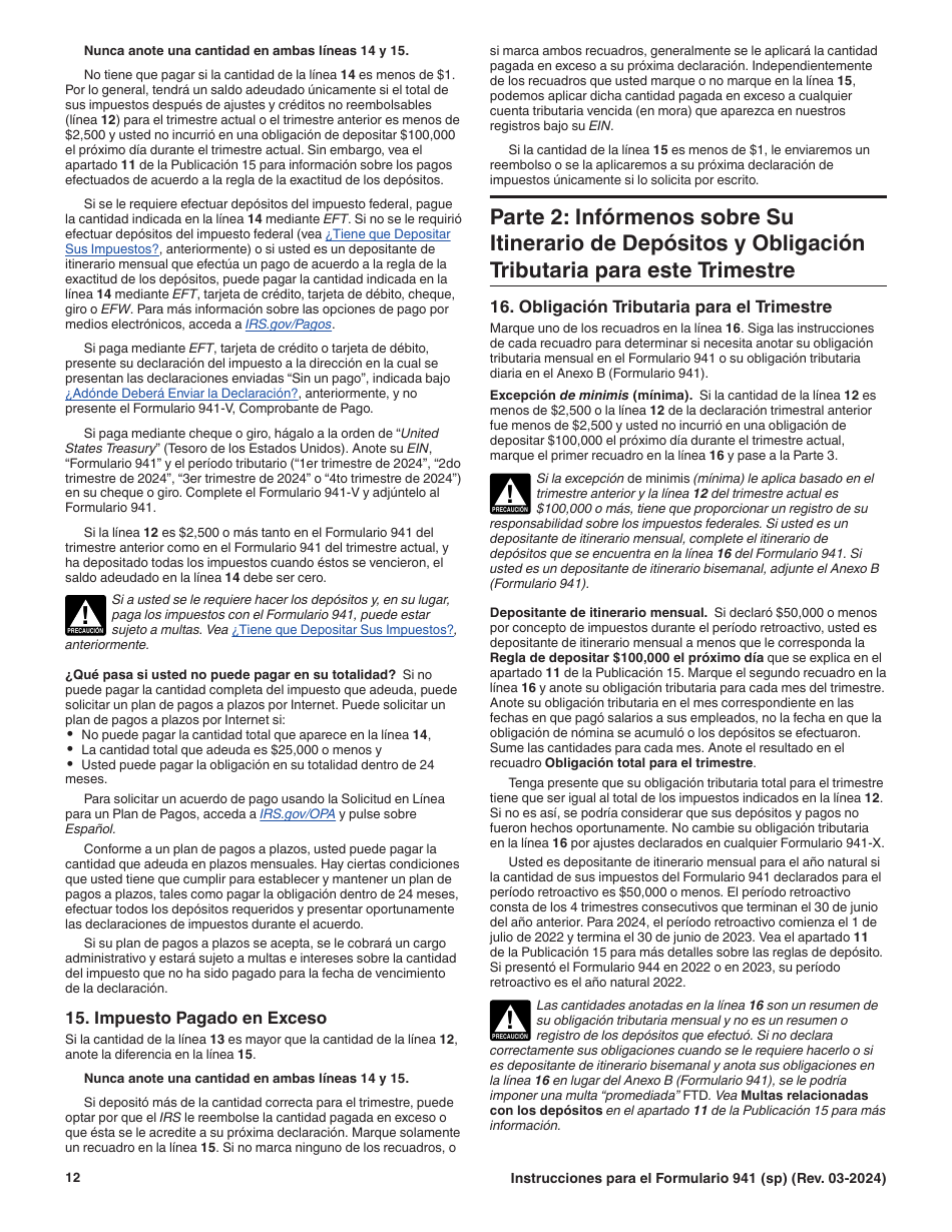 Instrucciones para IRS Formulario 941 (SP) Declaracion Del Impuesto Federal Trimestral Del Empleador (Spanish), Page 12