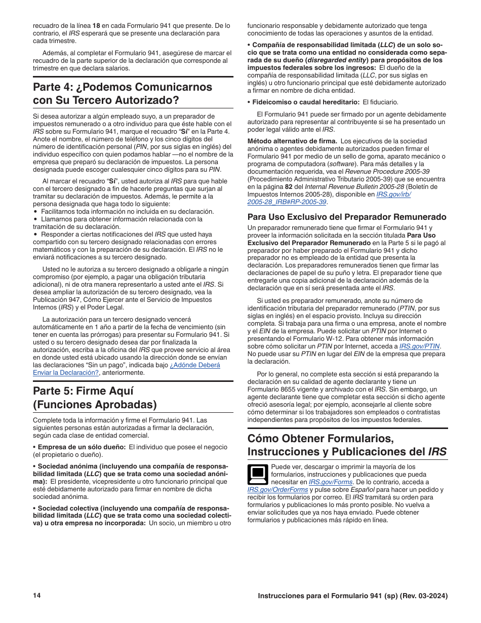Instrucciones para IRS Formulario 941 (SP) Declaracion Del Impuesto Federal Trimestral Del Empleador (Spanish), Page 14