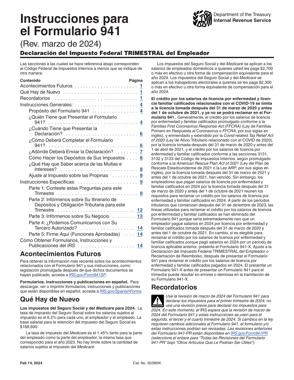 Instrucciones para IRS Formulario 941 (SP) Declaracion Del Impuesto Federal Trimestral Del Empleador (Spanish), Page 1