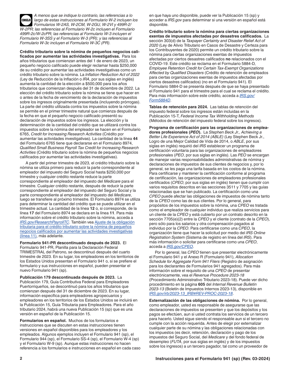 Instrucciones para IRS Formulario 941 (SP) Declaracion Del Impuesto Federal Trimestral Del Empleador (Spanish), Page 2