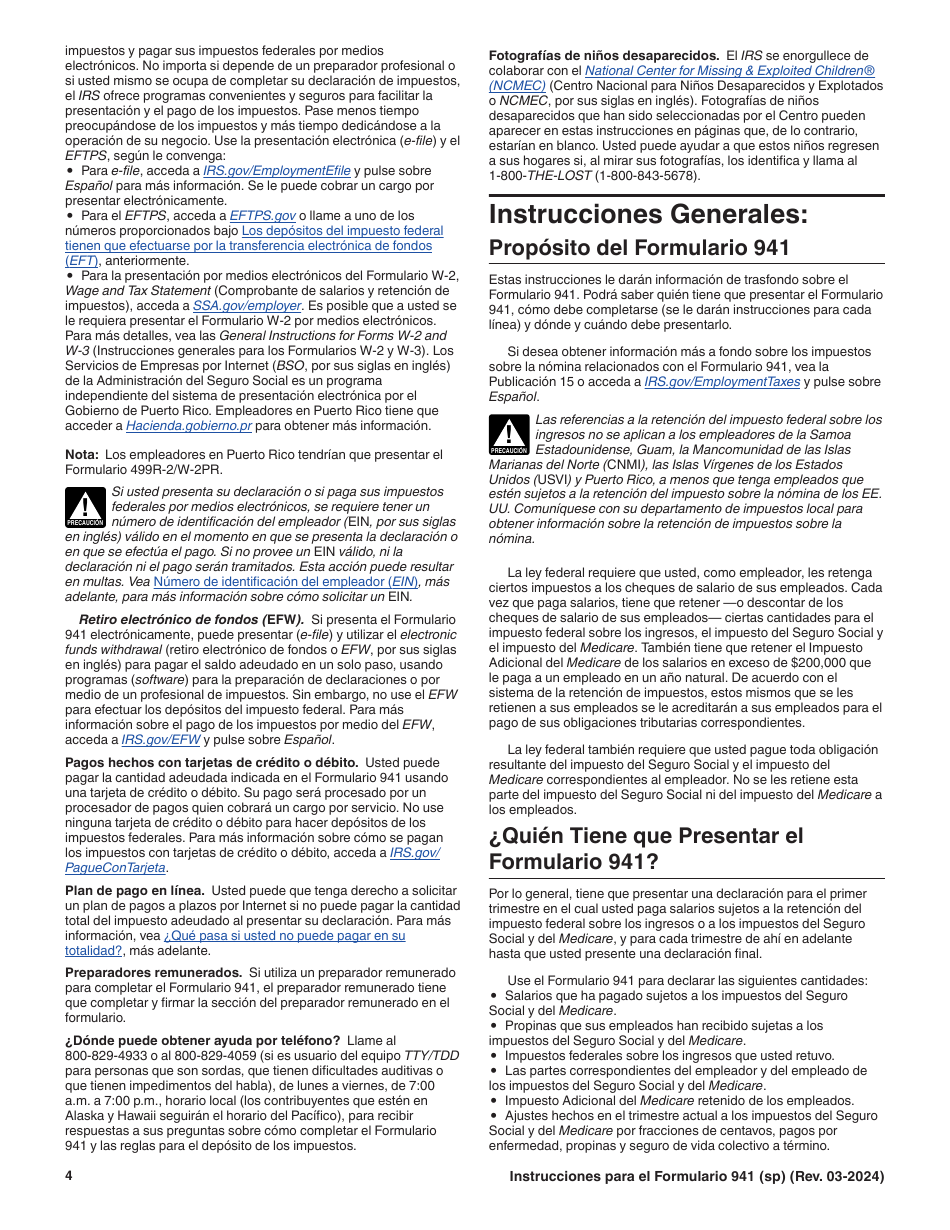 Instrucciones para IRS Formulario 941 (SP) Declaracion Del Impuesto Federal Trimestral Del Empleador (Spanish), Page 4