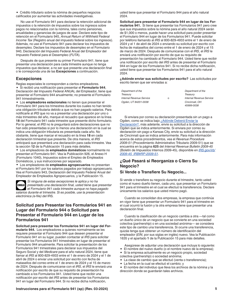 Instrucciones para IRS Formulario 941 (SP) Declaracion Del Impuesto Federal Trimestral Del Empleador (Spanish), Page 5