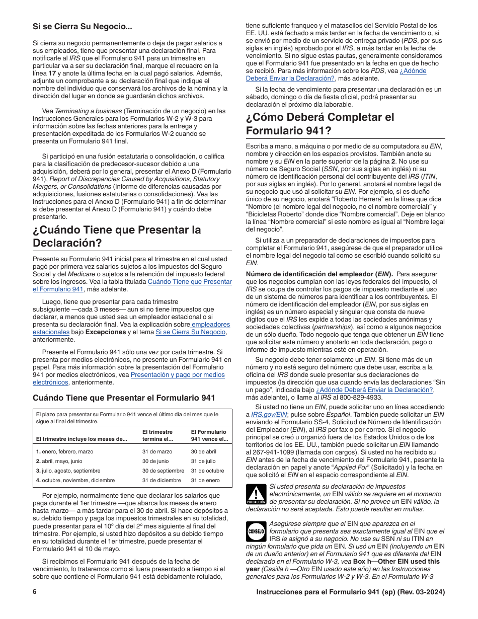 Instrucciones para IRS Formulario 941 (SP) Declaracion Del Impuesto Federal Trimestral Del Empleador (Spanish), Page 6