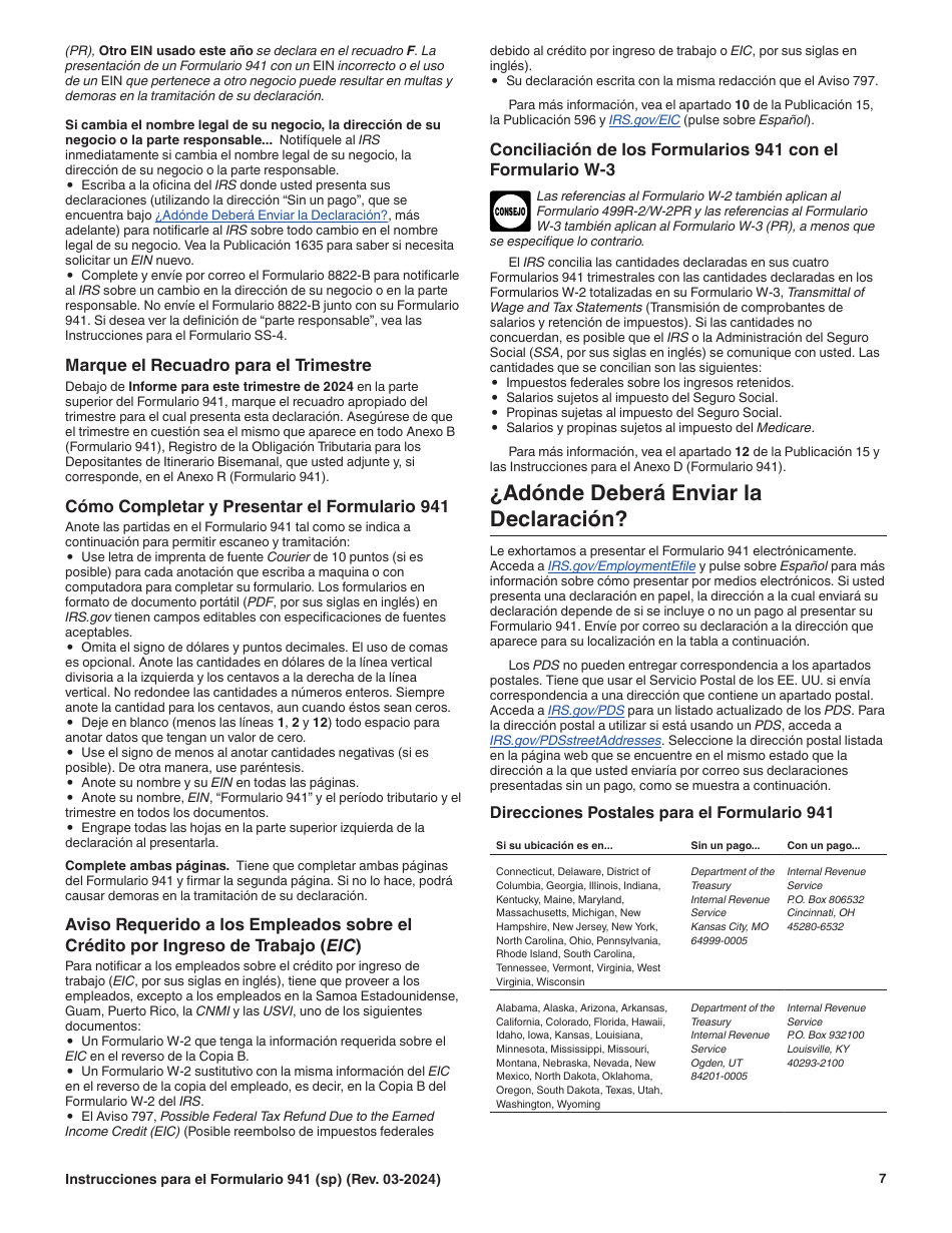 Instrucciones para IRS Formulario 941 (SP) Declaracion Del Impuesto Federal Trimestral Del Empleador (Spanish), Page 7