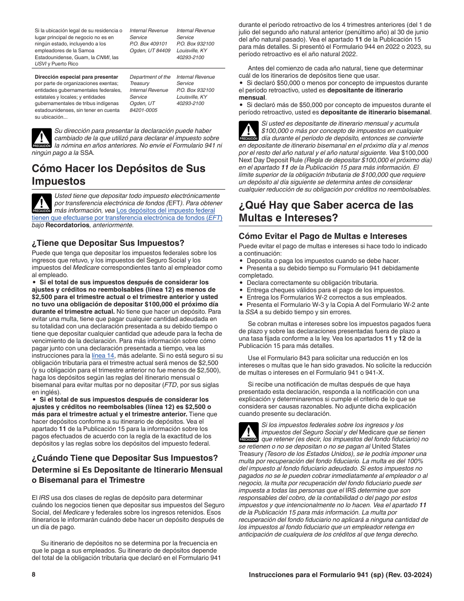 Instrucciones para IRS Formulario 941 (SP) Declaracion Del Impuesto Federal Trimestral Del Empleador (Spanish), Page 8