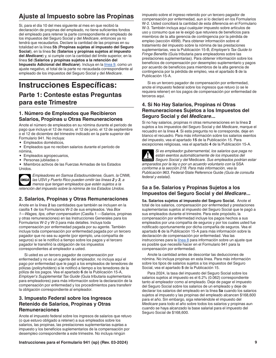 Instrucciones para IRS Formulario 941 (SP) Declaracion Del Impuesto Federal Trimestral Del Empleador (Spanish), Page 9