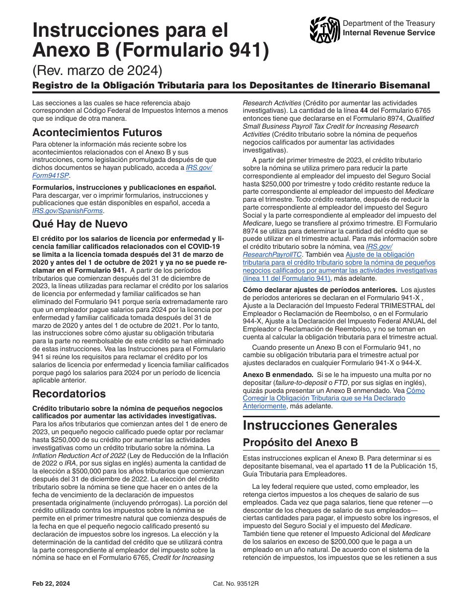 Instrucciones para IRS Formulario 941 (SP) Anexo B Registro De La Obligacion Tributaria Para Los Depositantes De Itinerario Bisemanal (Spanish), Page 1