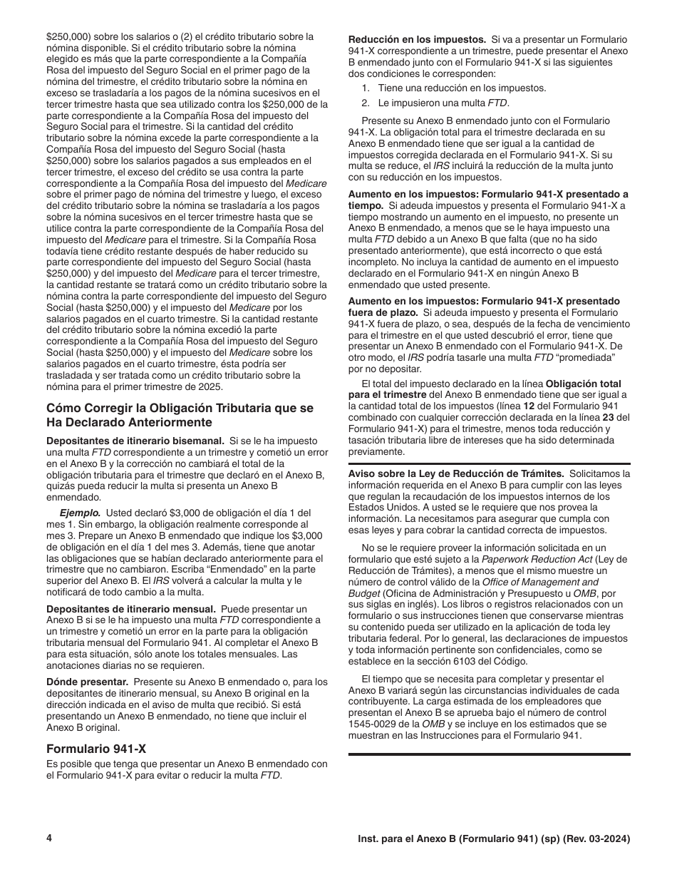 Instrucciones para IRS Formulario 941 (SP) Anexo B Registro De La Obligacion Tributaria Para Los Depositantes De Itinerario Bisemanal (Spanish), Page 4