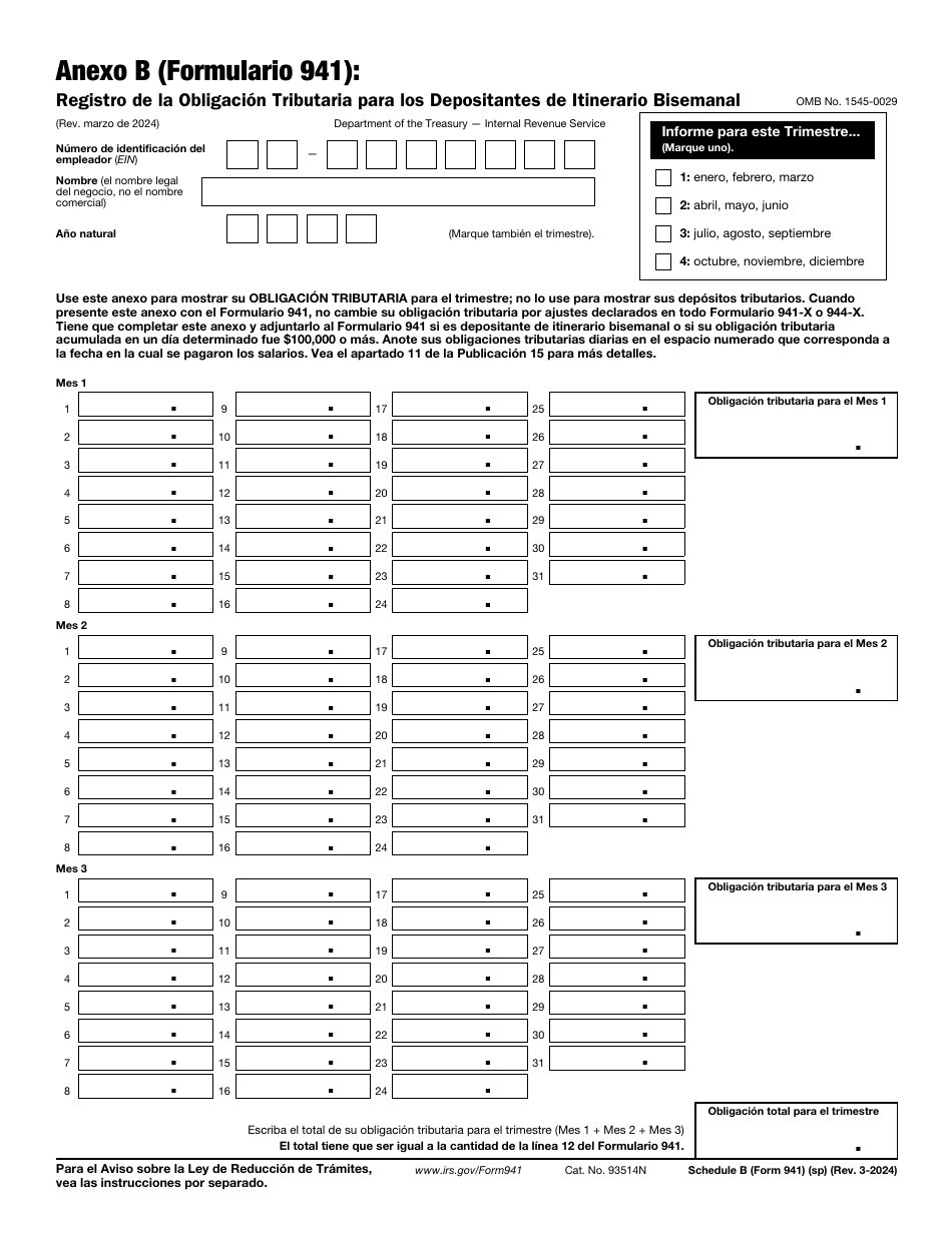 IRS Formulario 941 (SP) Anexo B Registro De La Obligacion Tributaria Para Los Depositantes De Itinerario Bisemanal (Spanish), Page 1