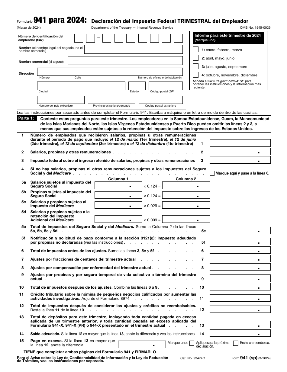 IRS Formulario 941 (SP) Declaracion Del Impuesto Federal Trimestral Del Empleador (Spanish), Page 1