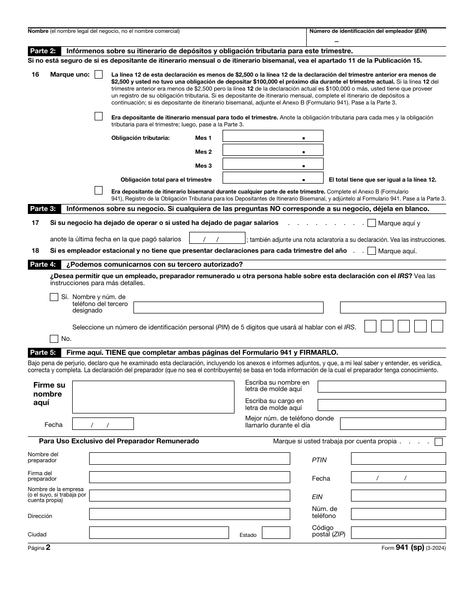 IRS Formulario 941 (SP) Declaracion Del Impuesto Federal Trimestral Del Empleador (Spanish), Page 2