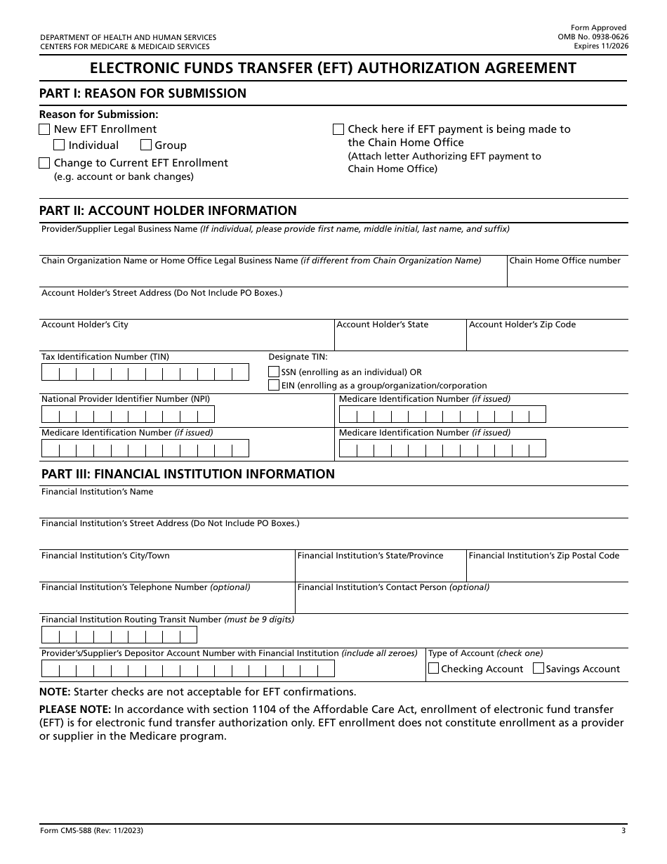 Form CMS-588 Electronic Funds Transfer (Eft) Authorization Agreement, Page 3