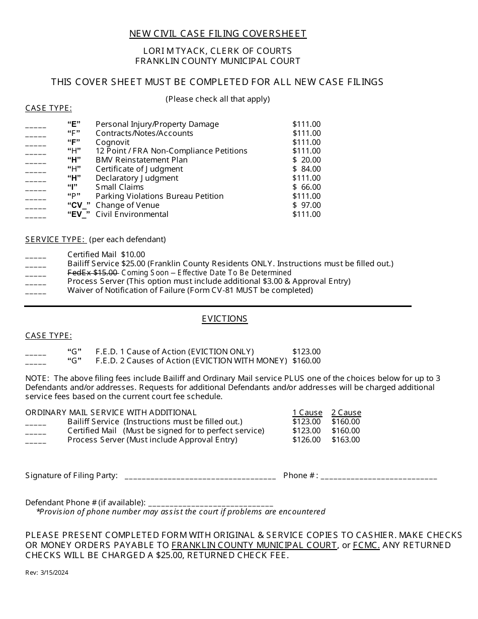 New Civil Case Filing Coversheet - Franklin County, Ohio, Page 1