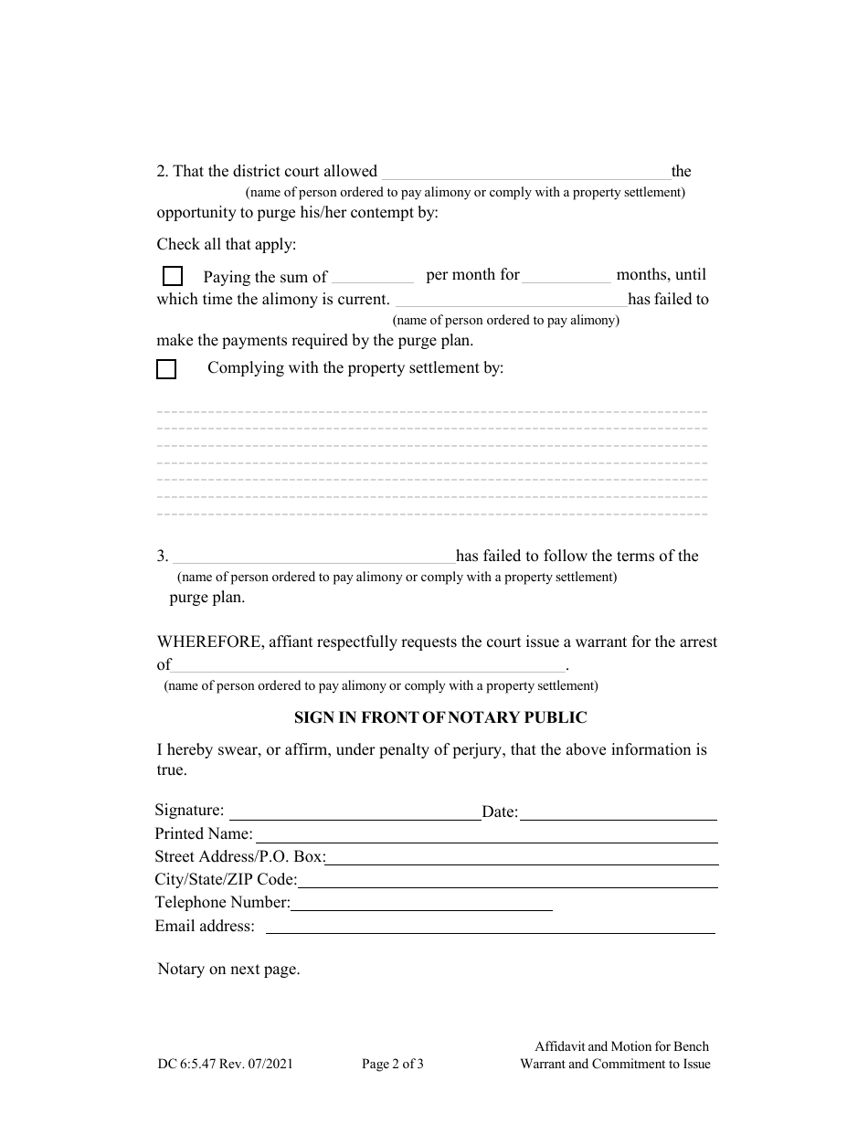 Form DC6:5.47 Affidavit and Motion for Bench Warrant and Commitment to Issue - Nebraska, Page 2