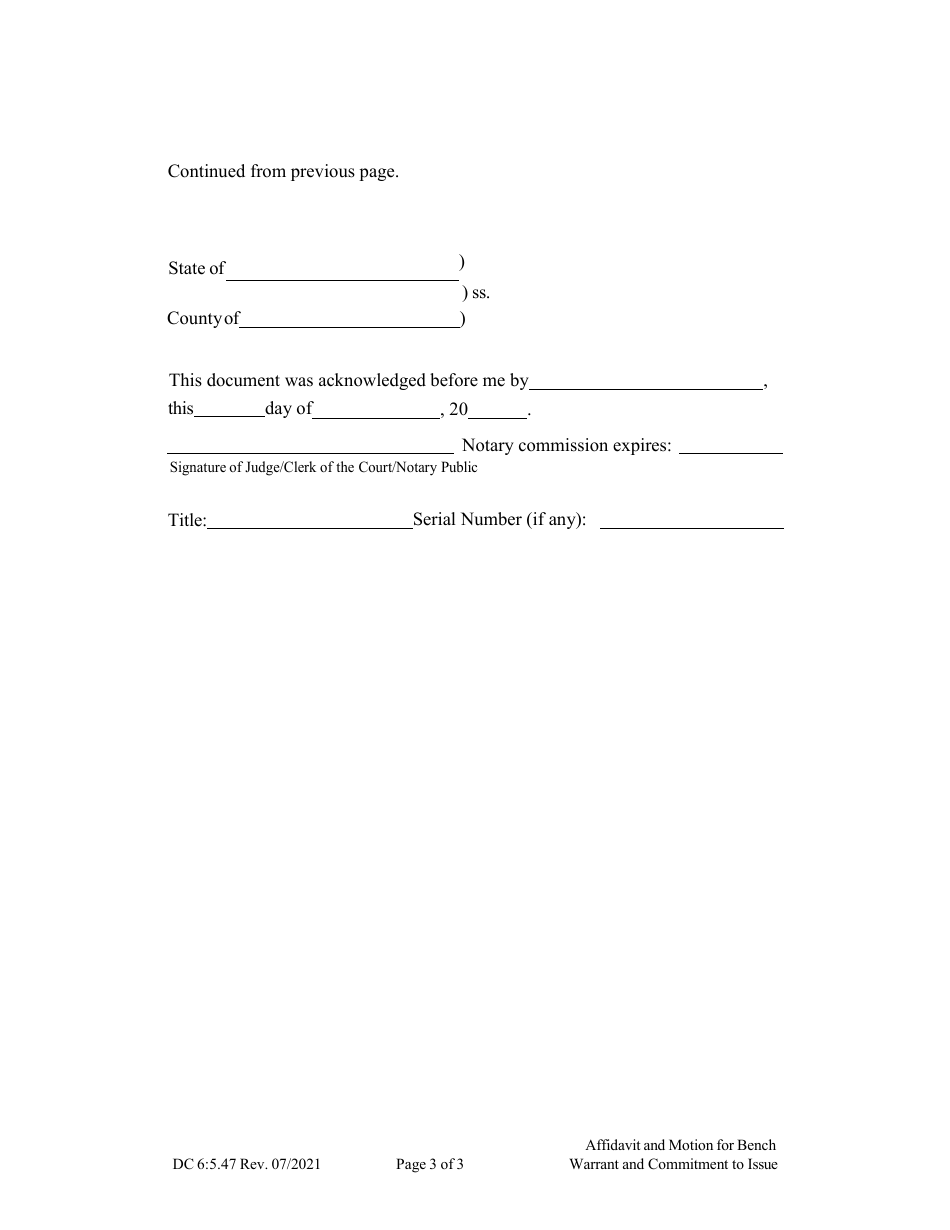 Form DC6:5.47 Affidavit and Motion for Bench Warrant and Commitment to Issue - Nebraska, Page 3