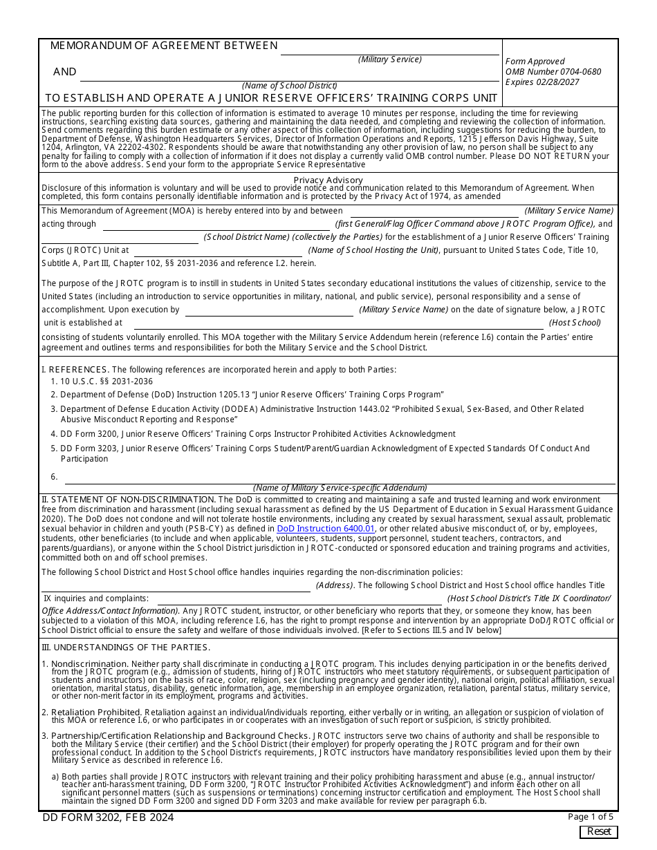 DD Form 3202 Memorandum of Agreement Between Military Service and School District to Establish and Operate a Junior Reserve Officers Training Corps Unit, Page 1
