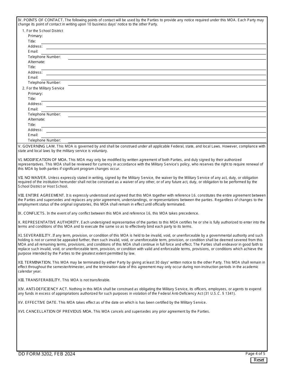 DD Form 3202 Memorandum of Agreement Between Military Service and School District to Establish and Operate a Junior Reserve Officers Training Corps Unit, Page 4