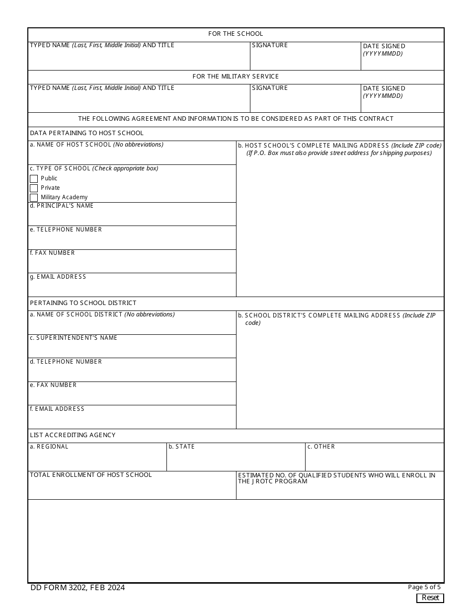 DD Form 3202 Memorandum of Agreement Between Military Service and School District to Establish and Operate a Junior Reserve Officers Training Corps Unit, Page 5
