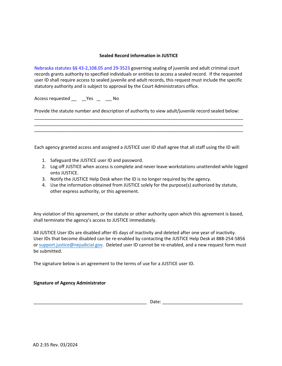 Form AD2:35 Request for Justice User ID - Governmental Agency - Nebraska, Page 2