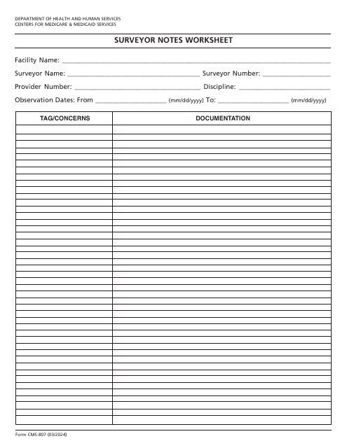 Form CMS-807 Surveyor Notes Worksheet