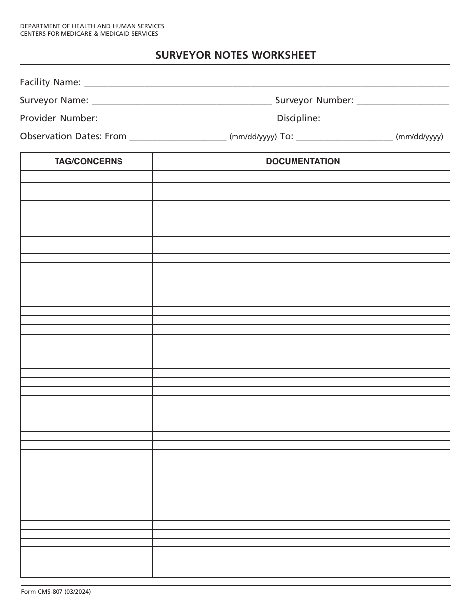 Form CMS-807 Surveyor Notes Worksheet, Page 1