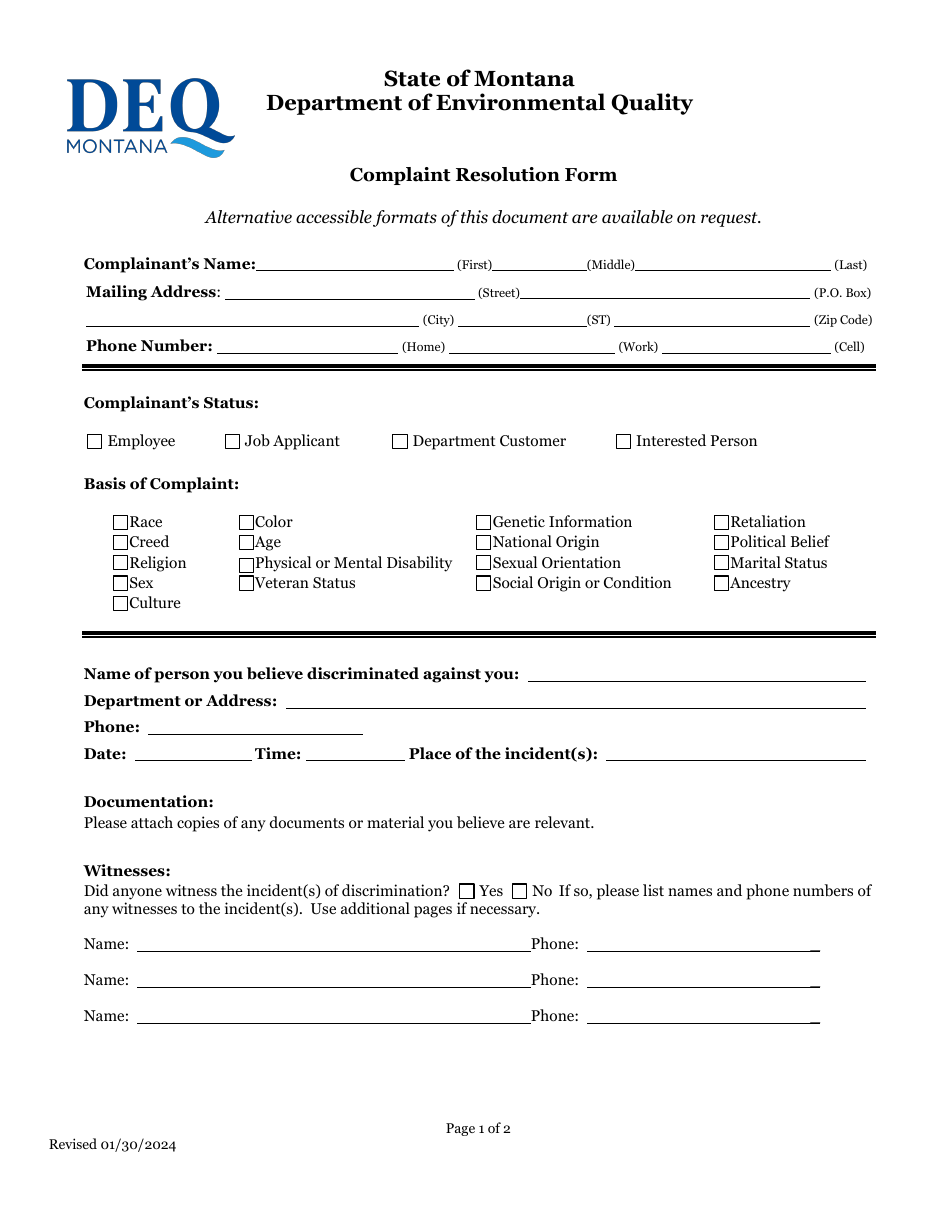 Complaint Resolution Form - Montana, Page 1