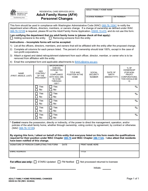 DSHS Form 02-709 Adult Family Home (Afh) Personnel Changes - Washington