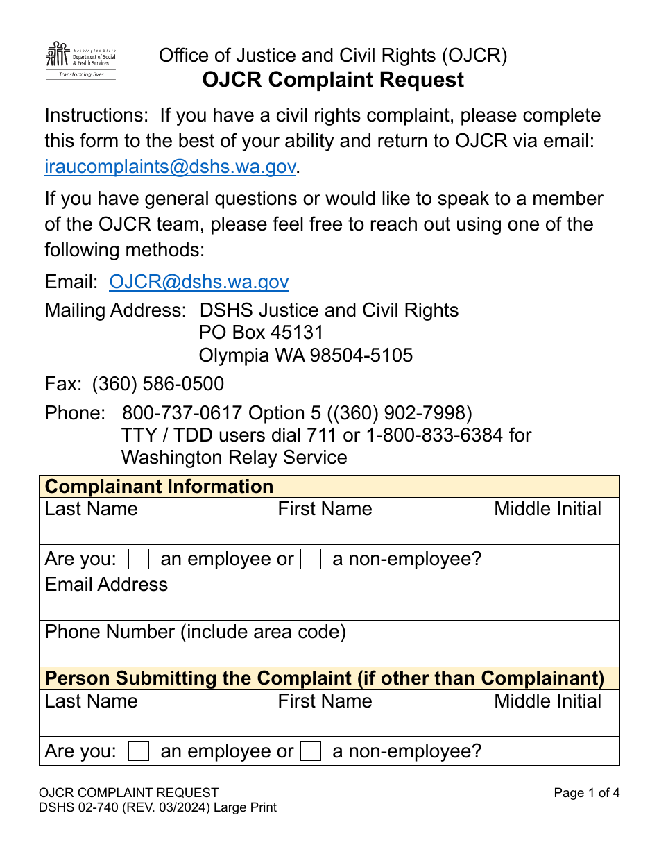 DSHS Form 02-740 Ojcr Complaint Request - Large Print - Washington, Page 1