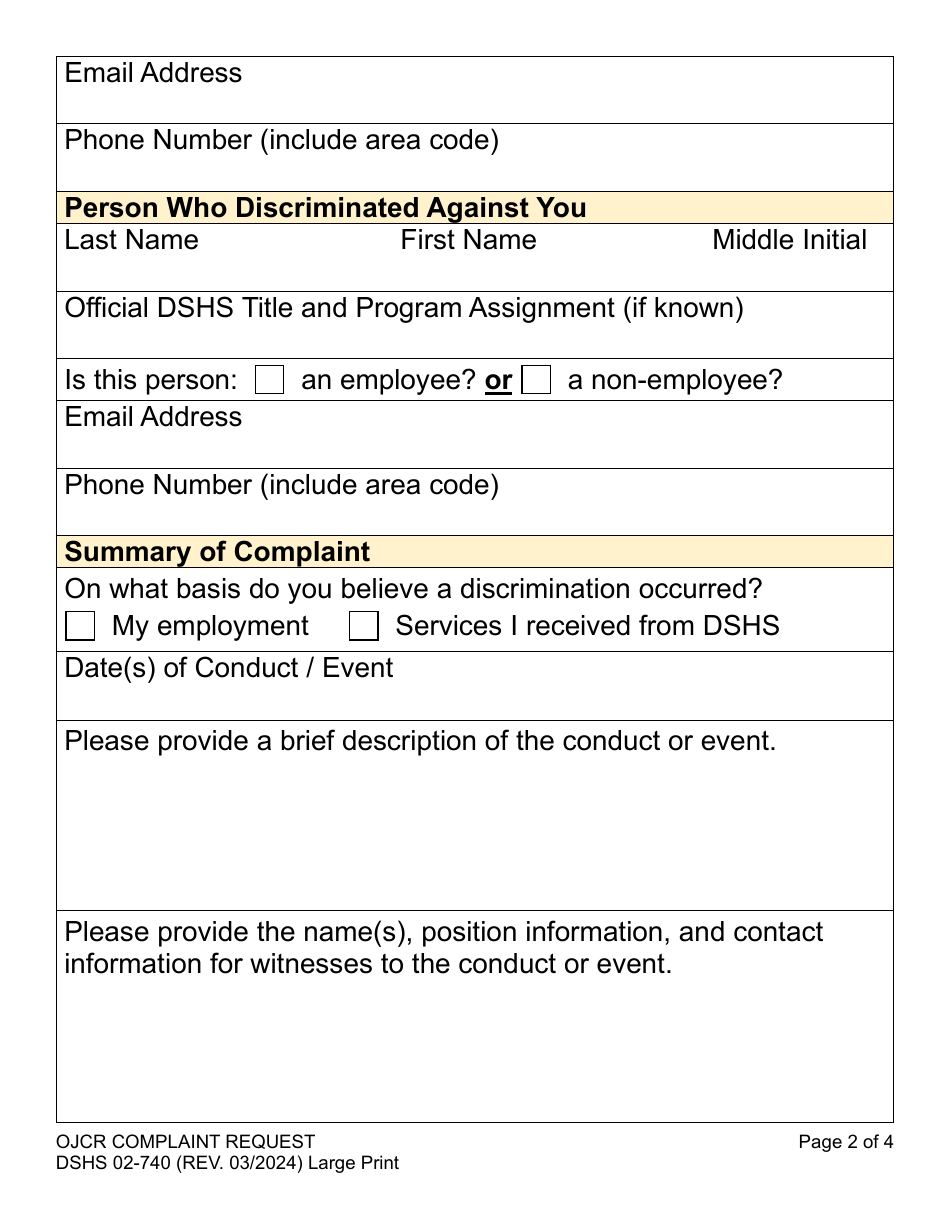 DSHS Form 02-740 Ojcr Complaint Request - Large Print - Washington, Page 2