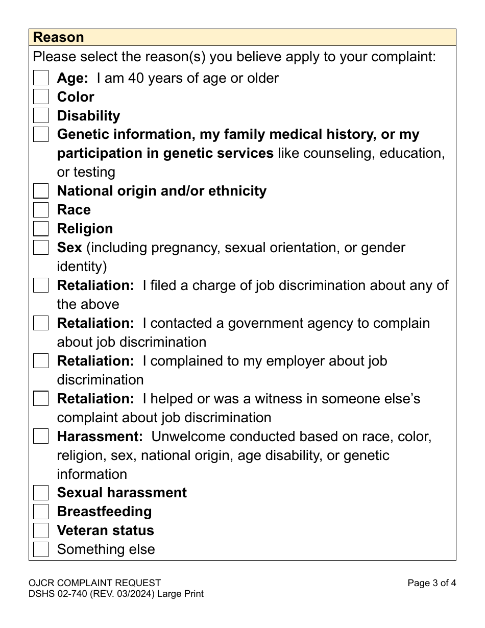 DSHS Form 02-740 Ojcr Complaint Request - Large Print - Washington, Page 3