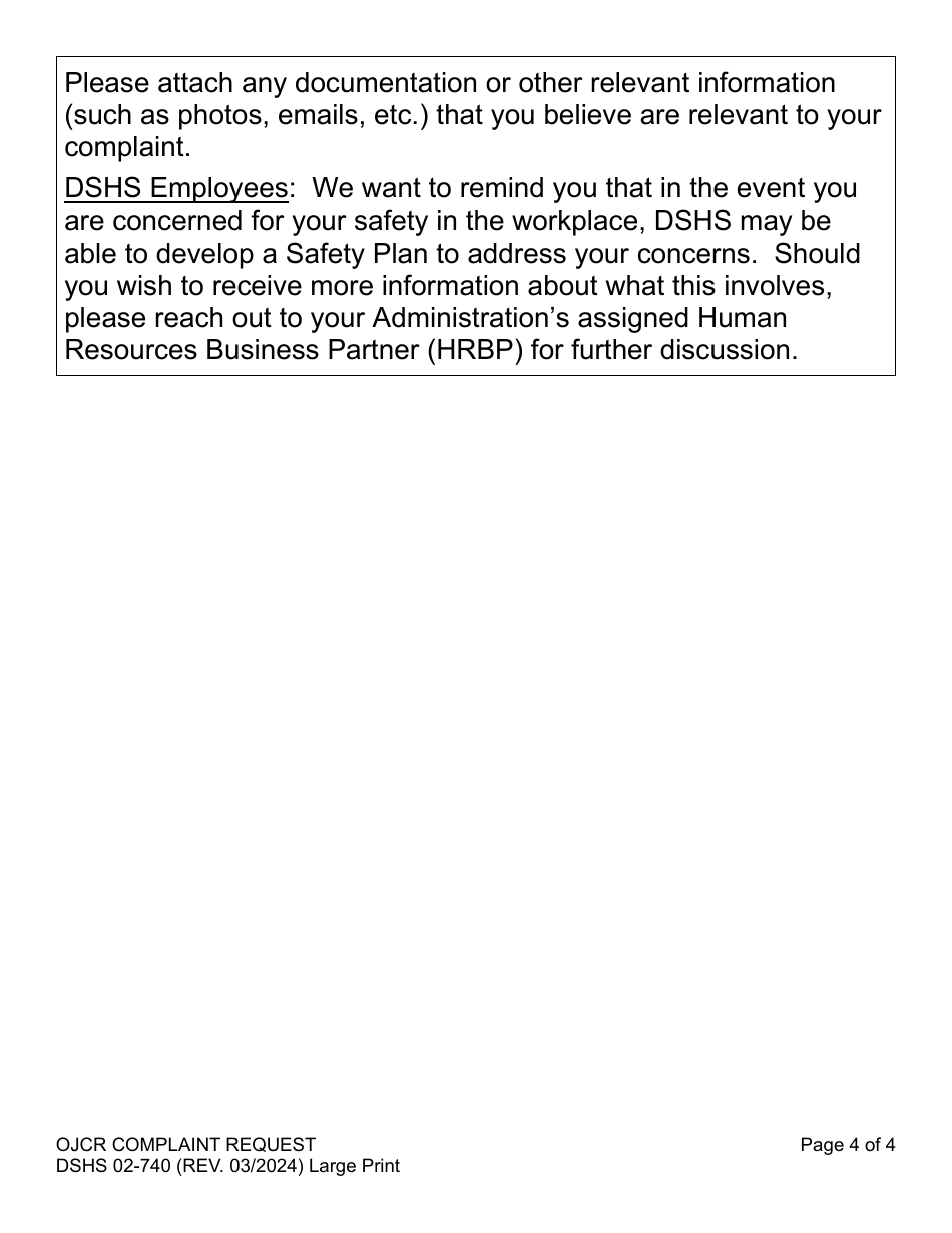 DSHS Form 02-740 Ojcr Complaint Request - Large Print - Washington, Page 4