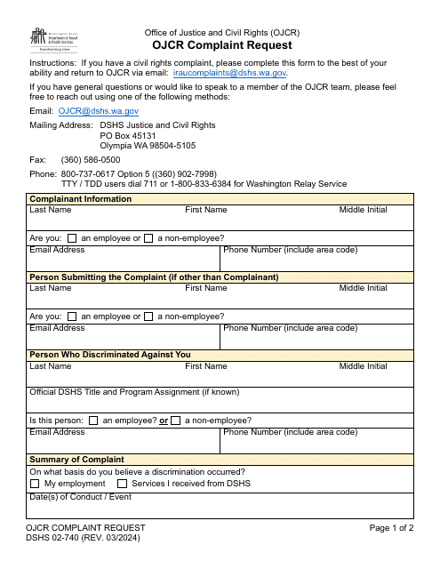 DSHS Form 02-740 Ojcr Complaint Request - Washington