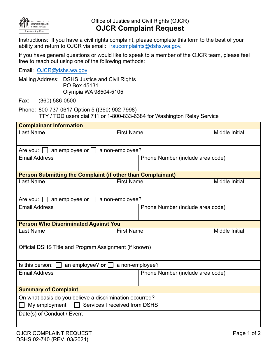 DSHS Form 02-740 Ojcr Complaint Request - Washington, Page 1