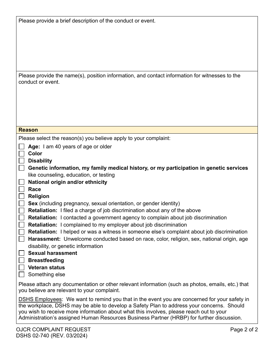 DSHS Form 02-740 Ojcr Complaint Request - Washington, Page 2