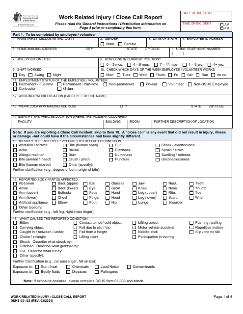 DSHS Form 03-133 Work Related Injury/Close Call Report - Washington