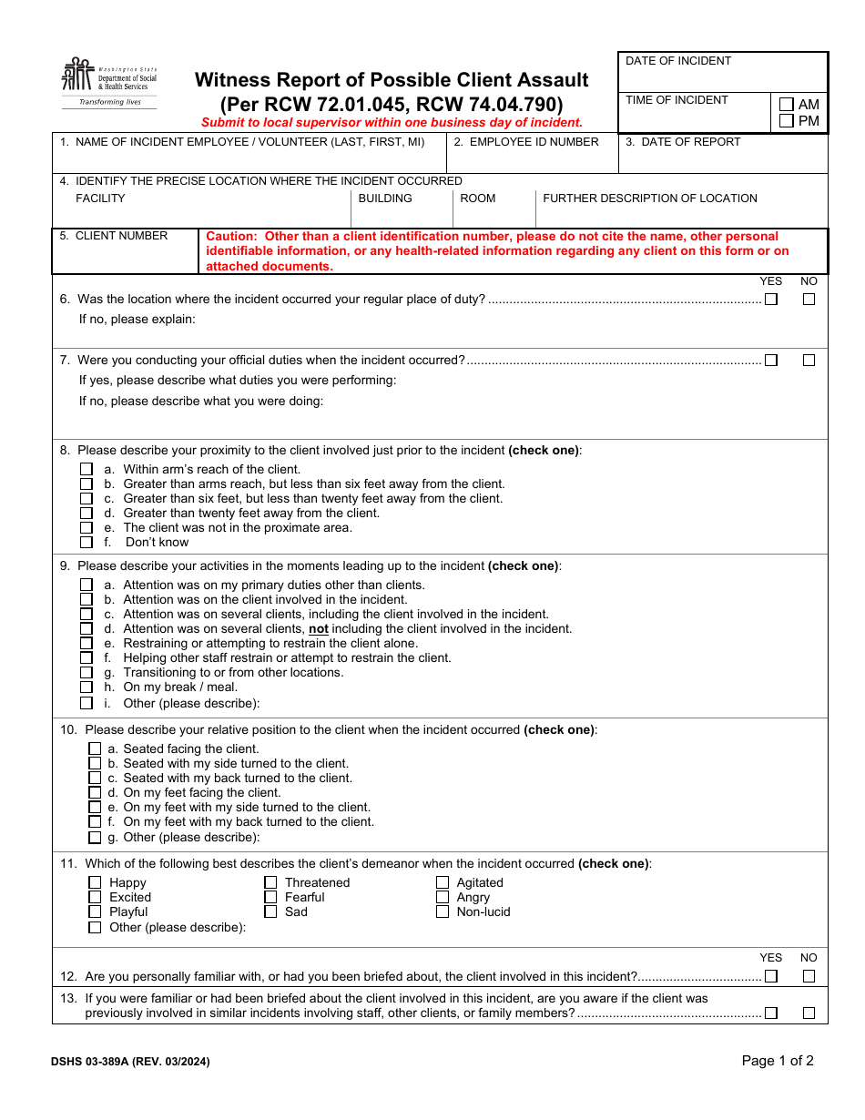 DSHS Form 03-389A Download Printable PDF or Fill Online Witness Report ...