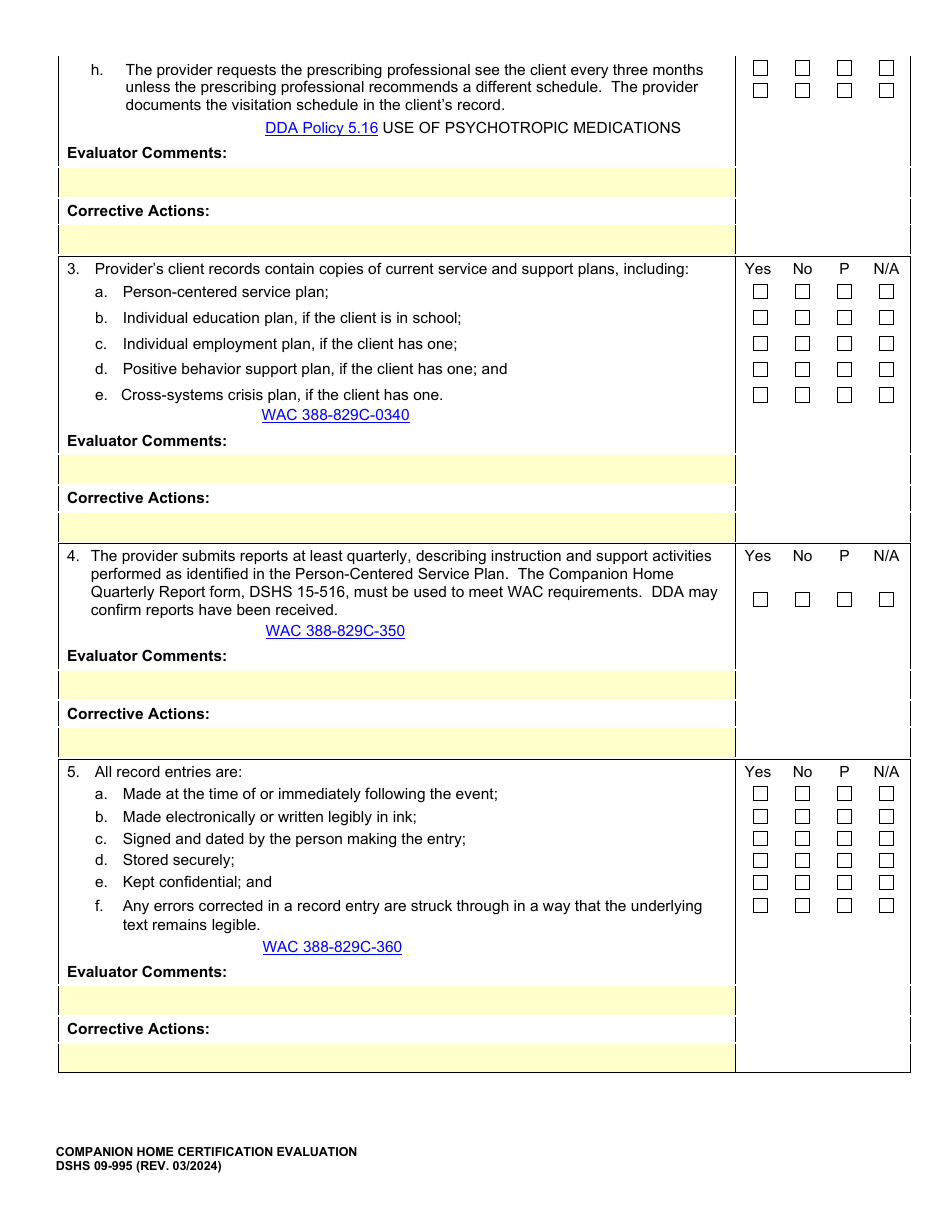 DSHS Form 09-995 Companion Home Certification Evaluation - Washington, Page 10
