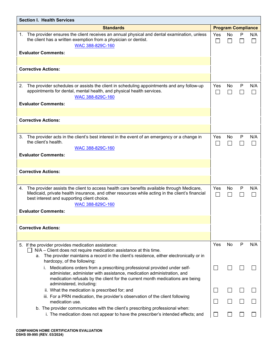 DSHS Form 09-995 Companion Home Certification Evaluation - Washington, Page 12