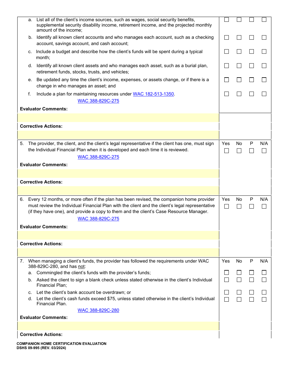 DSHS Form 09-995 Companion Home Certification Evaluation - Washington, Page 17