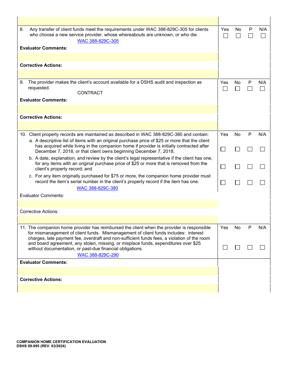 DSHS Form 09-995 Companion Home Certification Evaluation - Washington, Page 18