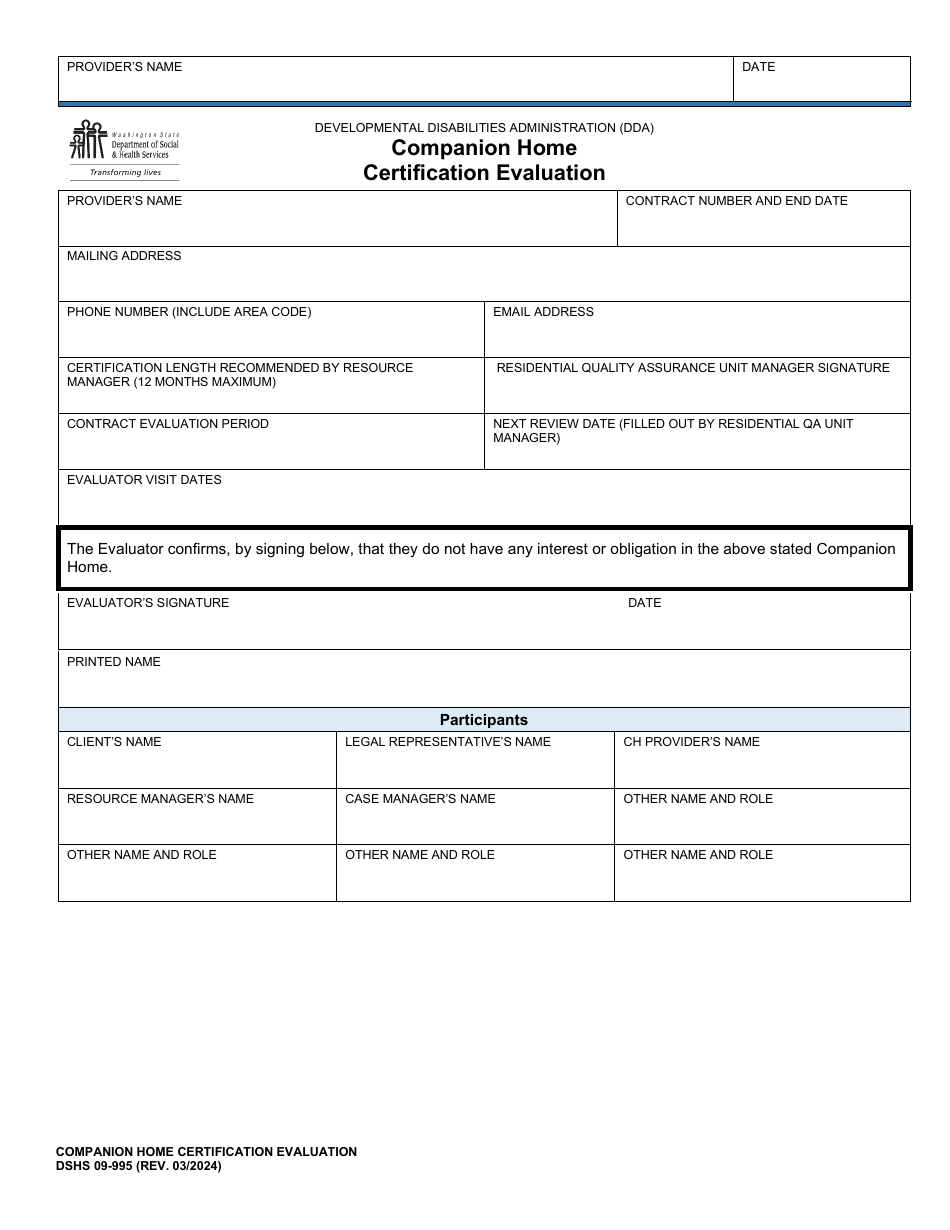 DSHS Form 09-995 Companion Home Certification Evaluation - Washington, Page 1