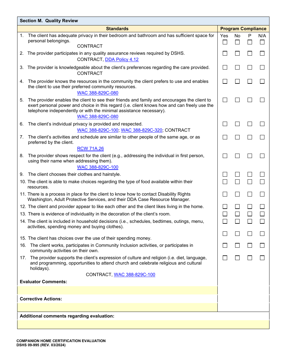 DSHS Form 09-995 Companion Home Certification Evaluation - Washington, Page 20