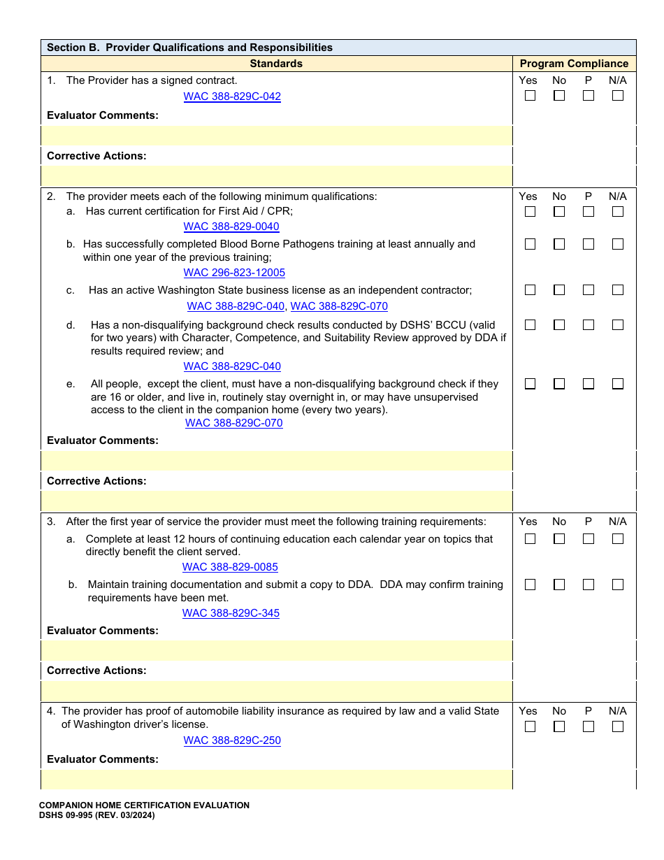 DSHS Form 09-995 Companion Home Certification Evaluation - Washington, Page 3